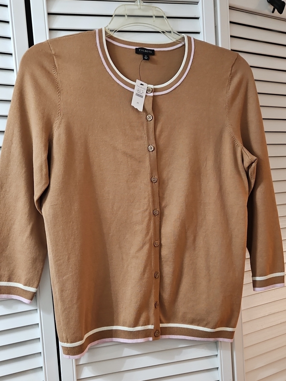 NWT Talbots Charming Cardigan Sweater Camel Brown Pink Tipped Trim Button M